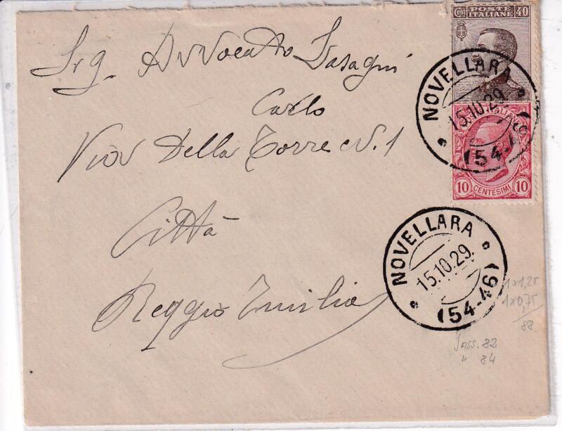 Storia postale. Lettera da  Novellara 15/10/1929 a Reggio Emilia 15/10/1929