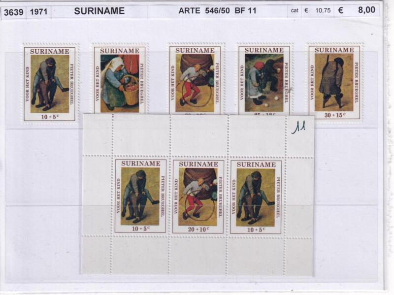 Francobolli e Foglietto Suriname, Anno 1971, Arte. Pieter Brueghel (cat. n. 546-550, BF n. 11)