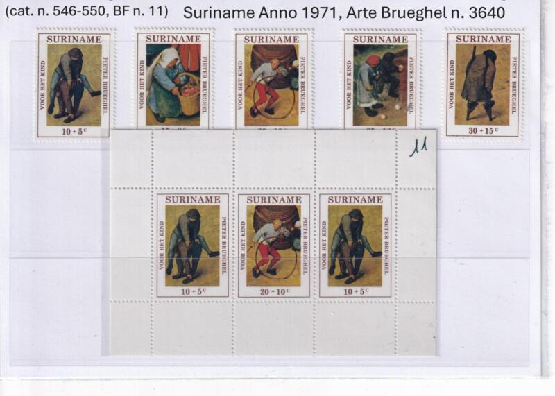 Francobolli e Foglietto Suriname, Anno 1971, Arte. Pieter Brueghel (cat. n. 546-550, BF n. 11)