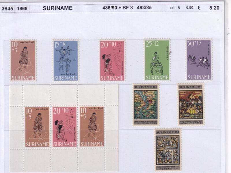 Francobolli e Foglietto Suriname, Anno 1968, Varie emissioni (cat. n. 486-490, n. 483-485, BF n. 8)