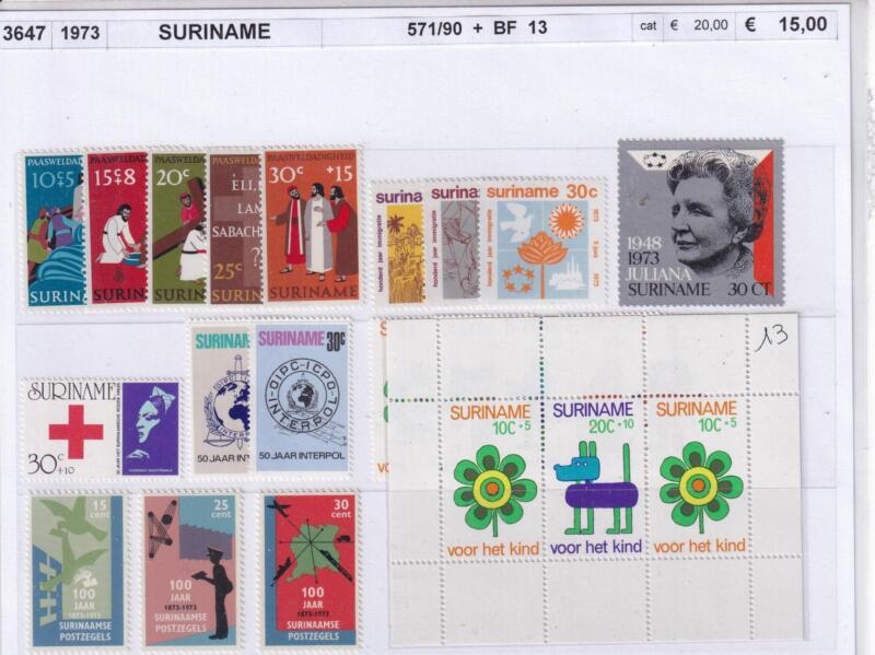 Francobolli e Foglietto Suriname, Anno 1973, Emissioni varie (cat. n. 571-590, BF n. 13)