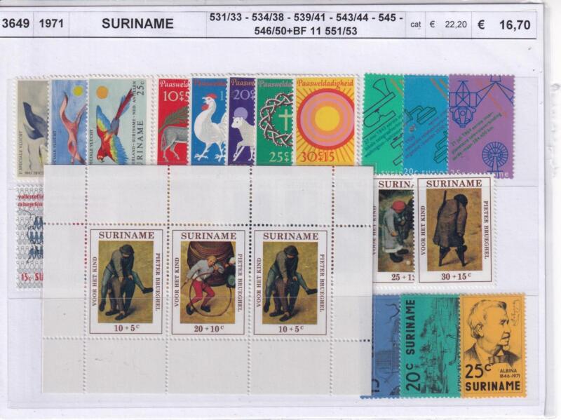Francobolli e Foglietto Suriname, Anno 1971, Varie emissioni (cat. n. 531-533, n. 534-538, n. 543-544, n. 545, n. 546-550, n. 551-553, BF n. 11