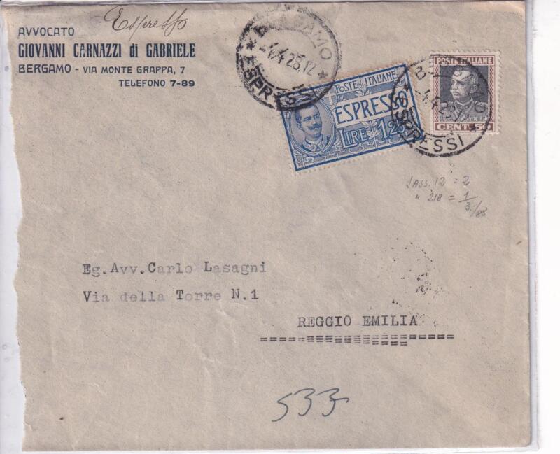 Storia postale. Espresso Bergamo 04/04/1928 a Reggio Emilia 04/04/1928