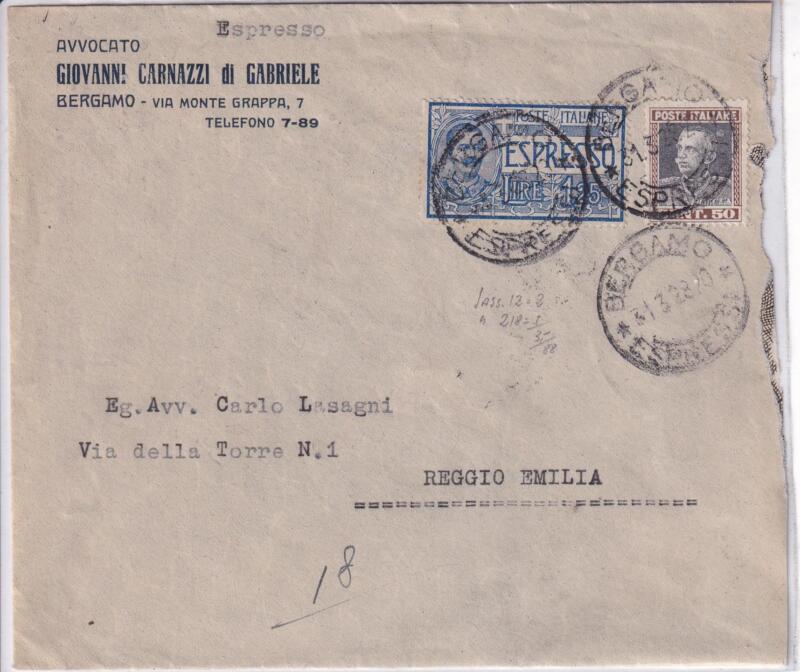 Storia postale. Espresso da Bergamo 31/03/1928 a Reggio Emilia 01/04/1928