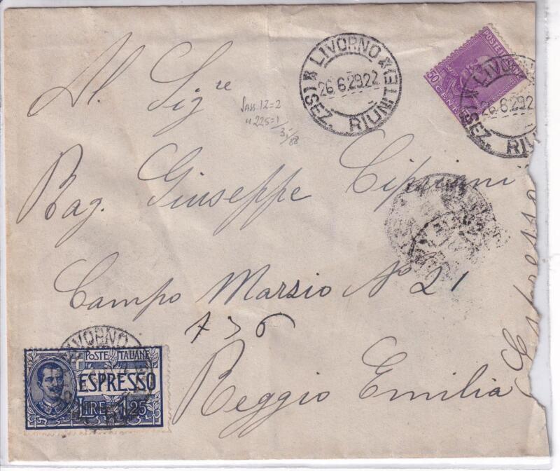 Storia postale. Espresso da Livorno 26/06/1929 a Reggio Emilia 01/04/1928