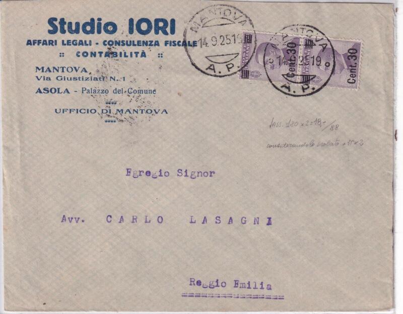 Storia postale. Lettera da Mantova 14/09/1925 a Reggio Emilia 15/09/25