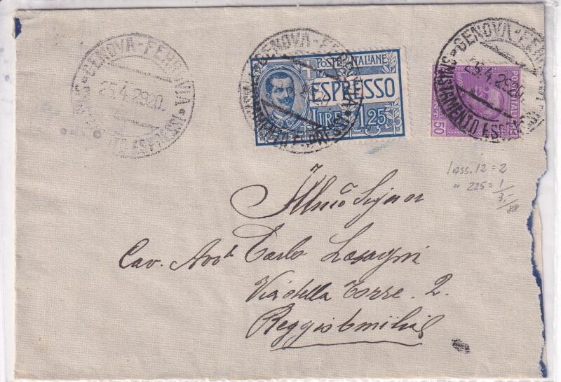 Storia postale. Espresso da Genova 25/04/1929 a Reggio Emilia 26/04/1928
