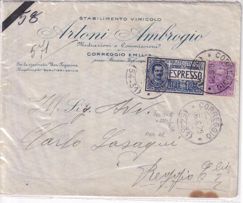 Storia postale. Espresso da Correggio 26/06/1929 a Reggio Emilia 26/06/1929