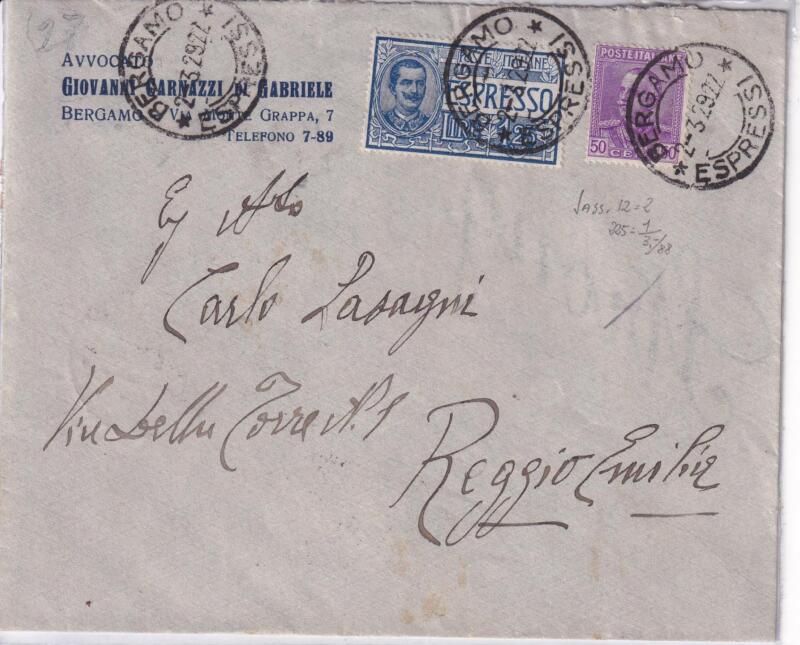 Storia postale. Espresso da Bergamo 02/03/1929 a Reggio Emilia 03/03/1929