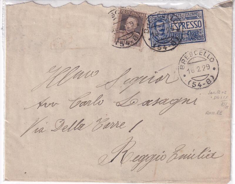 Storia postale. Espresso da Brescello 16/02/1929 a Reggio Emilia 29/04/1929
