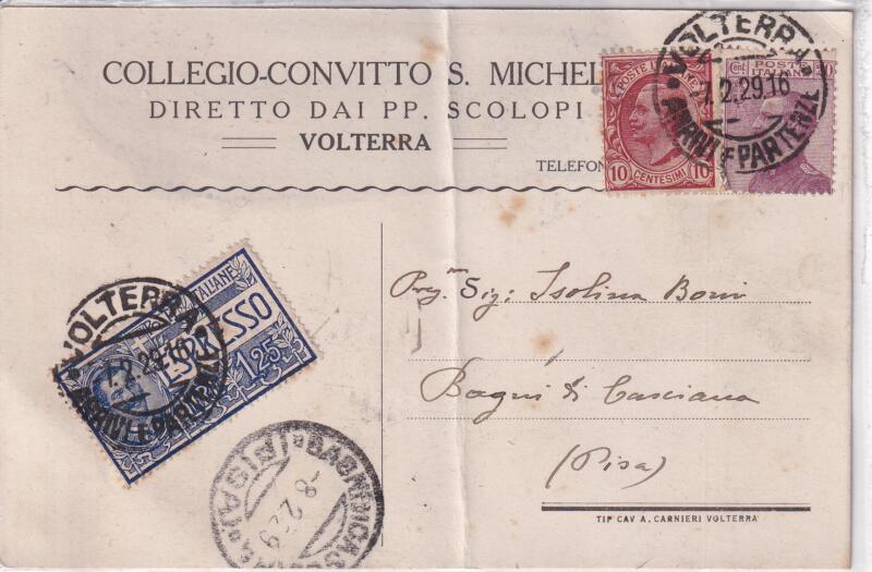 Storia postale. Cartolina postale Espresso da Volterra 07/02/1929 a Bagni di Casciana Pisa 8/02/1929