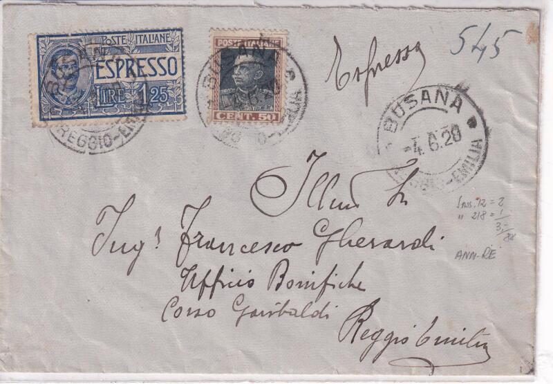 Storia postale, Espresso da Busana 04/06/1928 a Reggio Emilia 04/06/1928