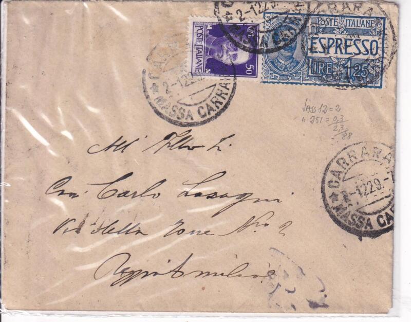Storia postale. Espresso da Carrara 02/12/1929 a Reggio Emilia 02/12/1929