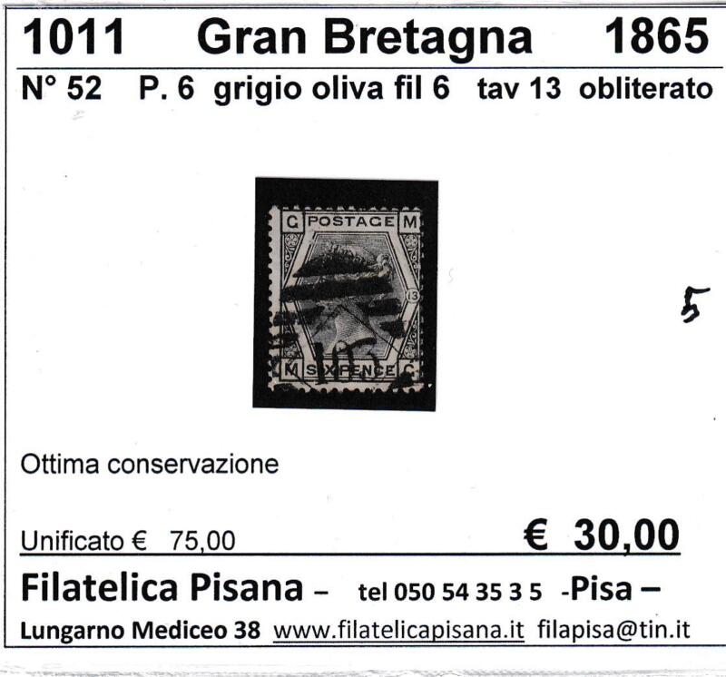 Francobollo Gran Bretagna, Anni 1873-1880, Effigie della Regina Vittoria Penny 6 grigio oliva (cat. n. 52)