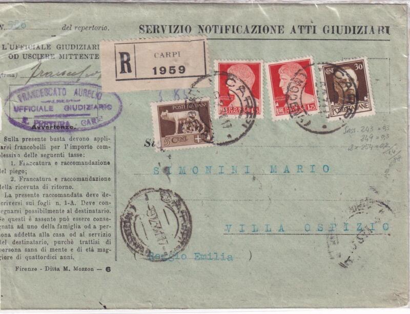 Storia postale, Atto giudiziario da Carpi Racc. 1959 del 09/02/1931 a Villa Ospizio 10/02/1931