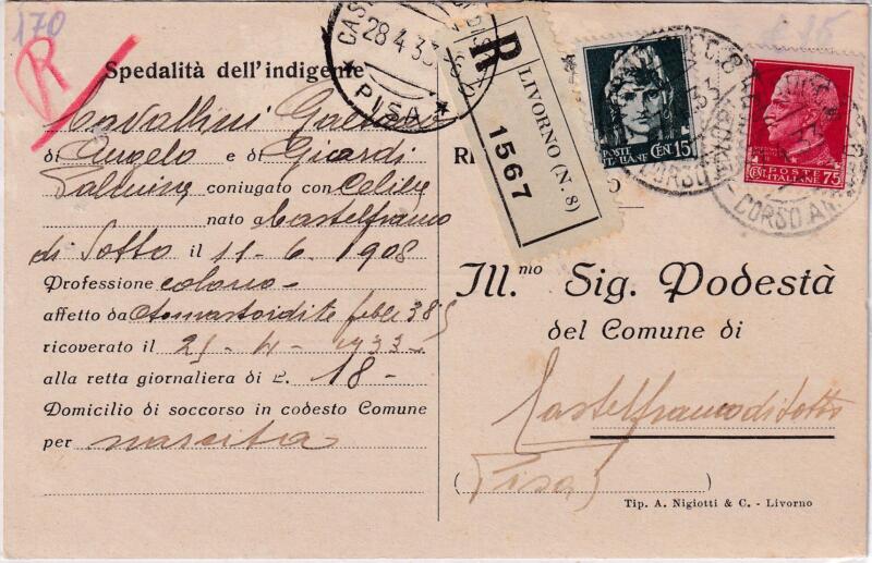 Storia postale, Cartolina Raccomandata da Livorno (N 8) R 1567 del 27/04/1933 a Castelfranco di Sotto 28/04/1933