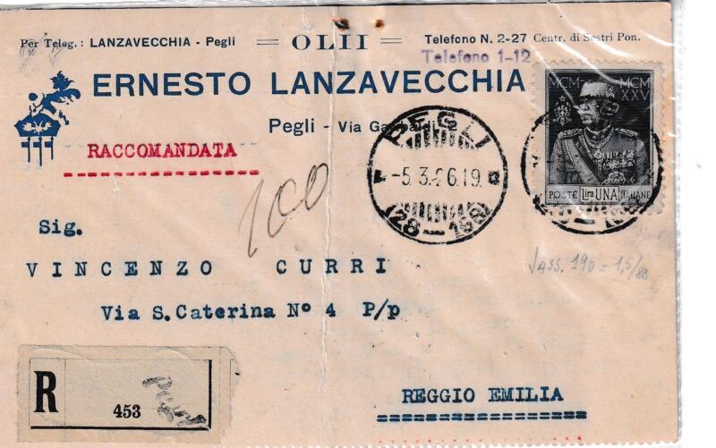 Storia postale, Cartolina Raccomandata da Pegli 453 del 05/03/1926 a Reggio Emilia 8/03/1926