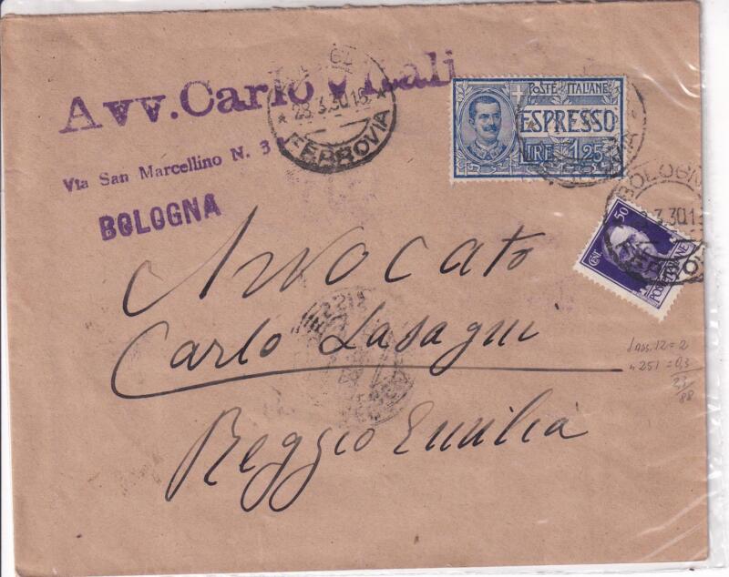 Storia postale. Espresso da Bologna 28/03/1930 a Reggio Emilia 28/03/1930