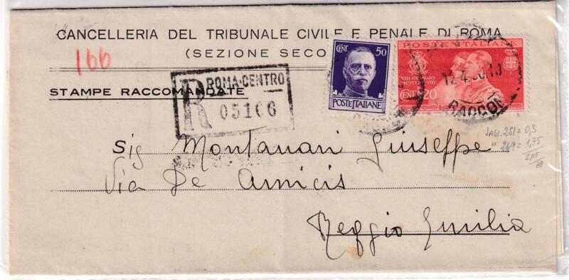Storia postale, Piego Raccomandato da Roma centro 5106 del 12/04/1930 a Reggio Emilia 12/04/1930