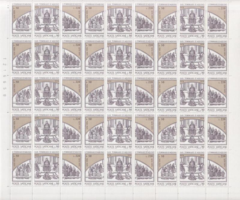 Foglio Francobolli Vaticano, Anno 1974, Trittico Settimo centenario della morte di San Tommaso D’Aquino. Dipinto (cat. n. 558-560)