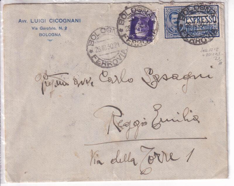 Storia postale. Espresso da Bologna 28/10/1930 a Reggio Emilia 28/03/1930