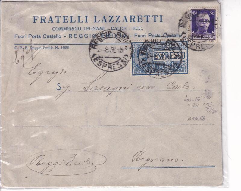 Storia postale. Espresso da Reggio Emilia 28/03/1930 a Regnano Reggio Emilia 28/03/1930