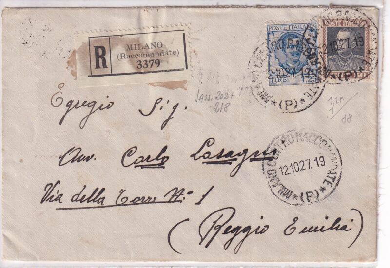 Storia postale. Raccomandata da Milano 3379 del 12/10/1927 a Reggio Emilia 12/10/1927