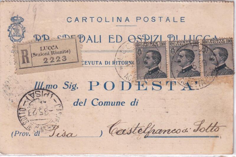 Storia postale. Cartolina Raccomandata da Lucca 2223 del 07/05/1929 a Castelfranco di Sotto 8/05/1929