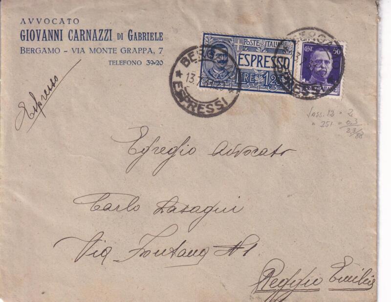 Storia postale. Espresso da Bergamo 13/07/1931 a Reggio Emilia 13/07/1931
