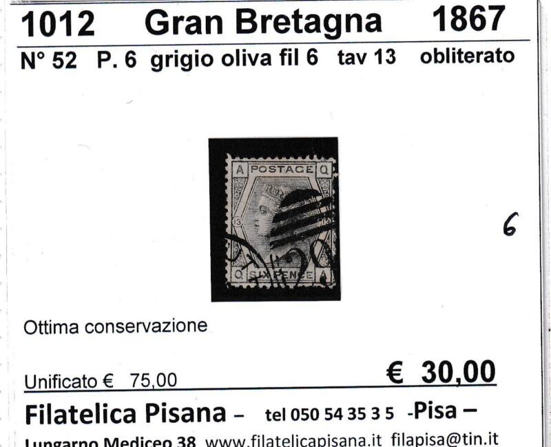 Francobollo Gran Bretagna, Anni 1873-1880, Effigie della Regina Vittoria Pence 6 grigio oliva (cat. n. 52)