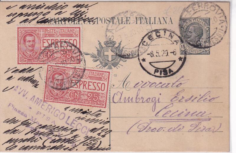 Storia postale. Cartolina Espresso da Pisa del 07/05/1929 a Cecina (Provincia di Pisa) 08/05/1929