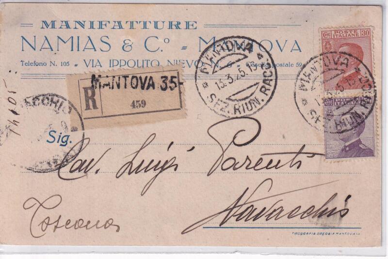 Storia postale. Cartolina Raccomandata da Mantova 35 n 459 del 13/03/1925 a Navacchio