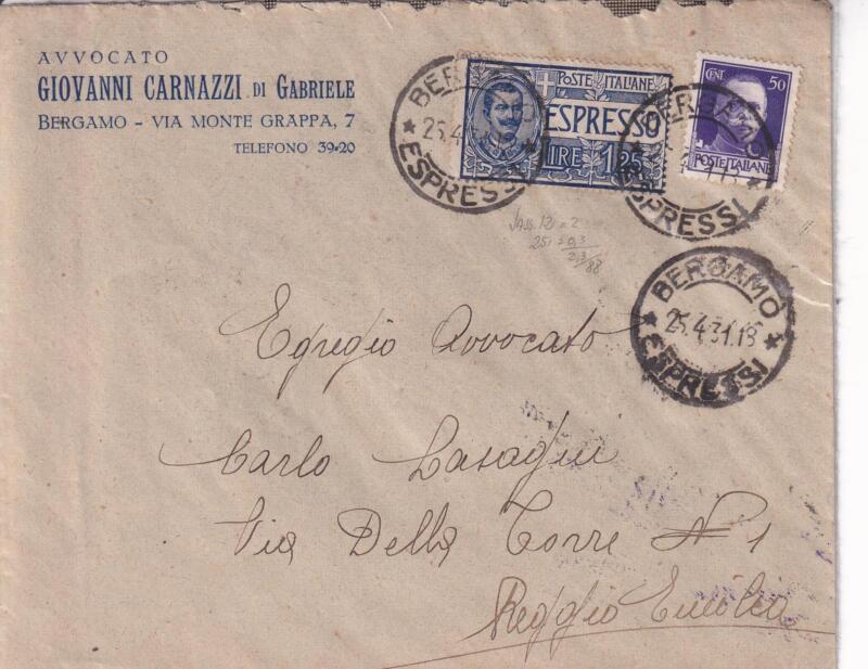 Storia postale. Espresso da Bergamo 25/04/1931 a Reggio Emilia 25/04/1931