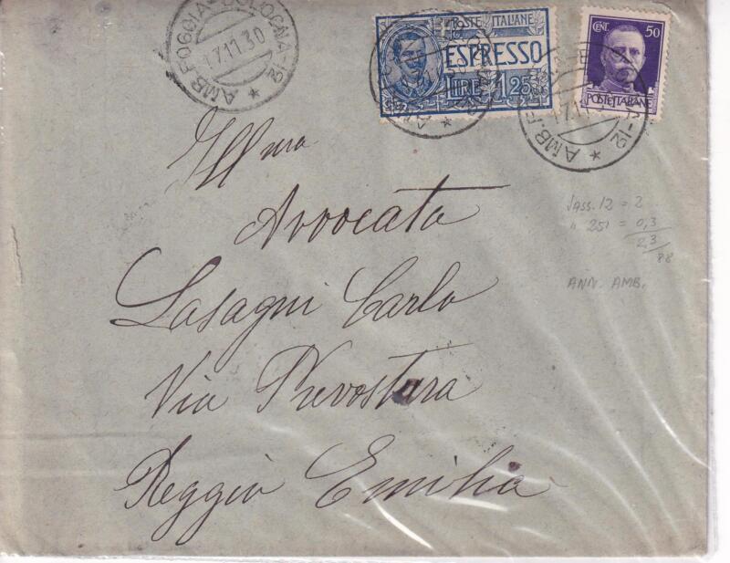 Storia postale. Espresso da Ambulante Foggia Bologna 17/11/1930 a Reggio Emilia 18/11/1930