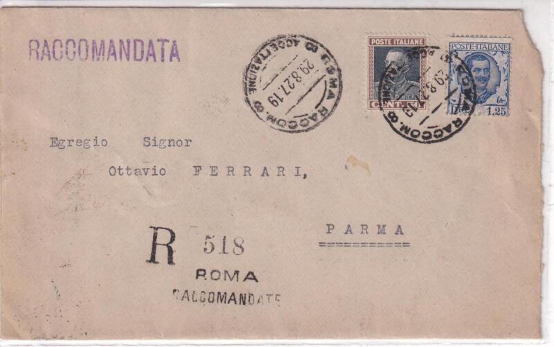 Storia postale. Raccomandata da Roma 518 del 29/08/1927 a Parma 30/08/1927