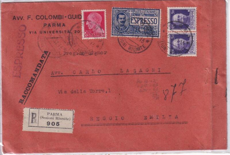 Storia postale. Raccomandata Espresso da Parma R 905 16/05/1931 a Reggio Emilia 16/05/1931