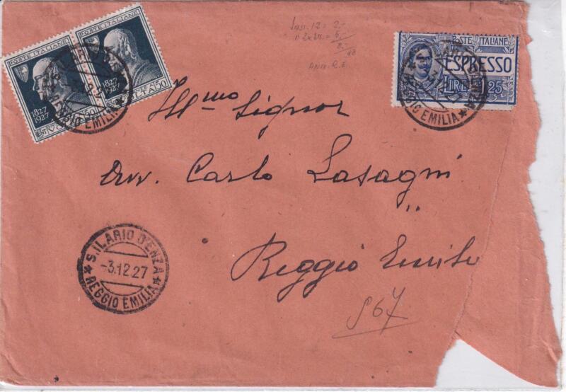 Storia postale. Espresso da Sant’Ilaro d’Enza (RE) 03/12/1927 a Reggio Emilia 03/12/1927