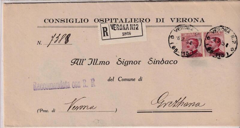 Storia postale. Raccomandata da Verona 2 Timbro Raccomandata con R. R. 5926 del 08/09/1925 a Grezzana