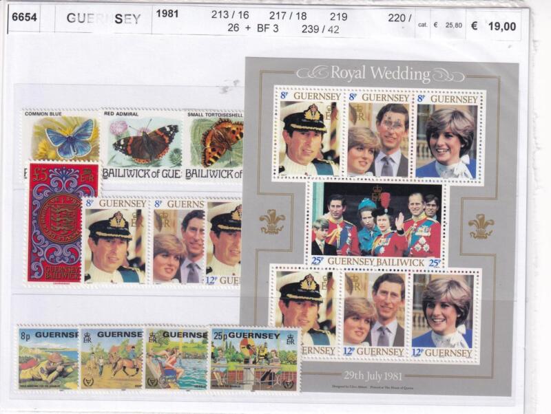 Francobolli e Foglietto Guernsey, Anno 1981, Varie emissioni (cat. n. 213-216, n. 217-218, n. 219, n. 220-226, n. 239-242, BF n. 3)