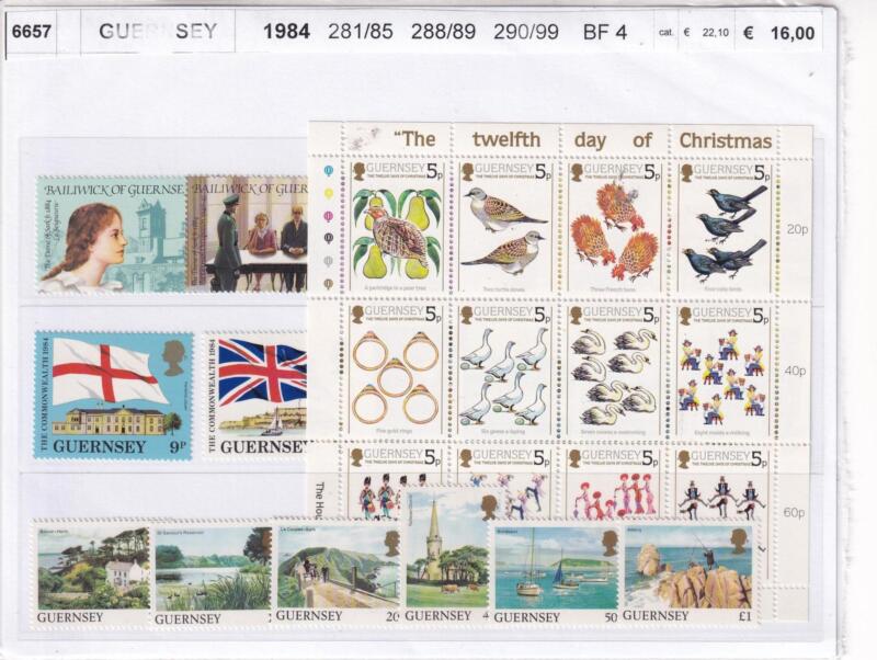 Francobolli e Foglietto Guernsey, Anno 1984, Varie emissioni (cat. n. 281-285, n. 288-289, n. 290-299, BF n. 4)