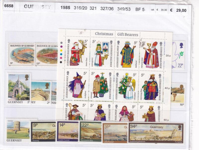 Francobolli e Foglietto Guernsey, Anno 1985, Varie emissioni (cat. n. 316-320, n. 321, n. 327-336n. 349-353, BF n. 5)