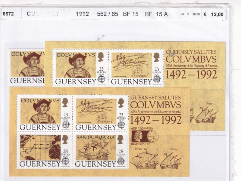 Francobolli e Foglietto Guernsey, Anno 1992, Varie emissioni (cat. n. 562-565, BF n. 15, n. 15A)