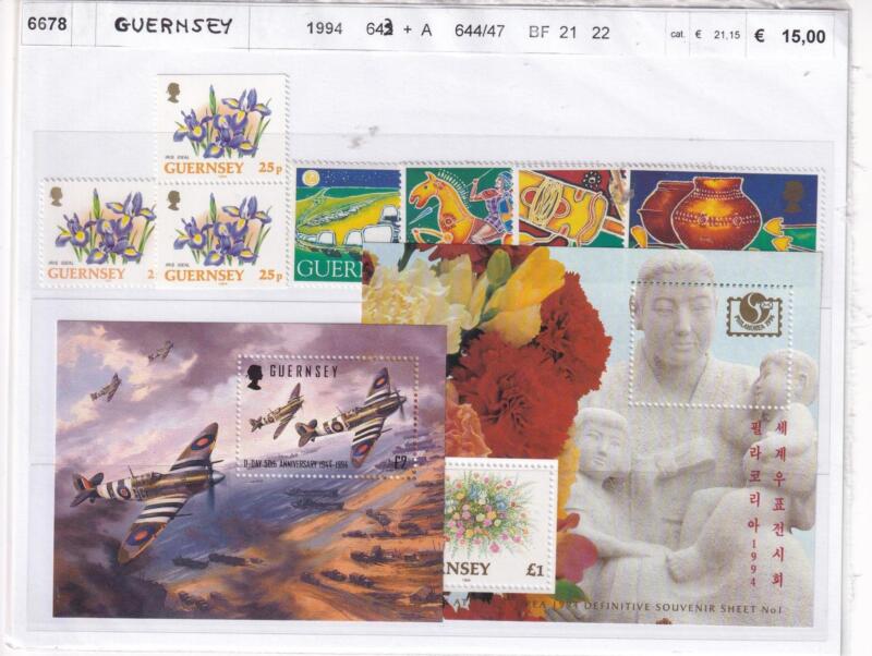 Francobolli e Foglietto Guernsey, Anno 1994, Varie emissioni (cat. n. 643, n. 643a, n. 644-647, BF n. 21-22)