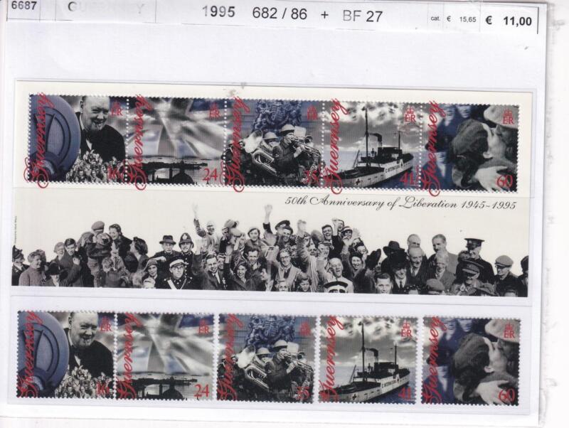 Francobolli e Foglietto Guernsey, Anno 1995, Cinquantesimo anniversario della Liberazione (cat. n. 682-686, BF n. 27)