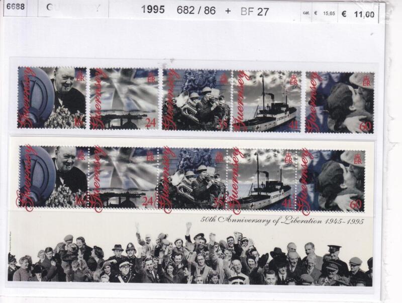 Francobolli e Foglietto Guernsey, Anno 1995, Cinquantesimo anniversario della Liberazione (cat. n. 682-686, BF n. 27)