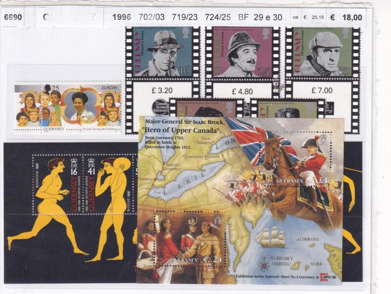 Francobolli e Foglietto Guernsey, Anno 1996, Varie emissioni (cat. n. 702-703, n. 719-723, n. 724-725, BF n. 29-30)