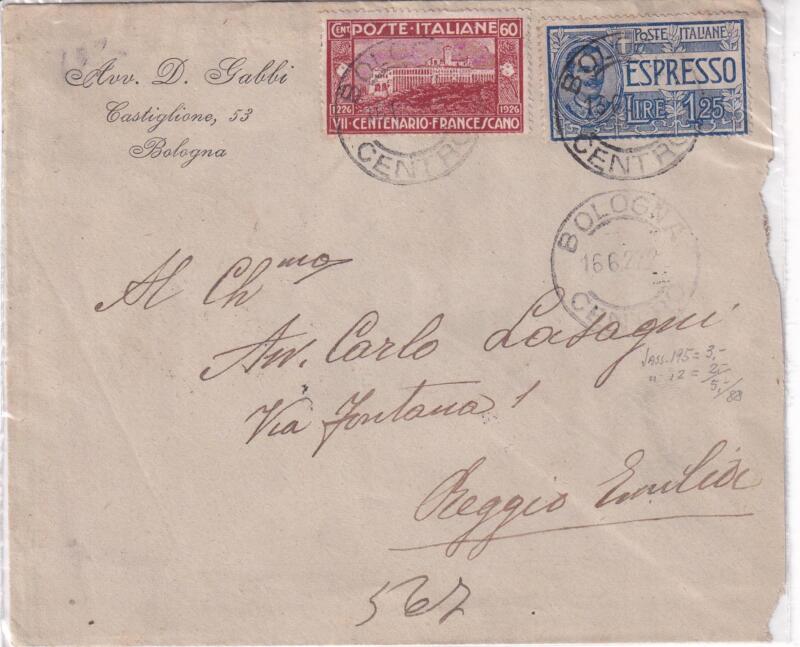 Storia postale. Espresso da Bologna 16/06/1927 a Reggio Emilia 17/06/1927