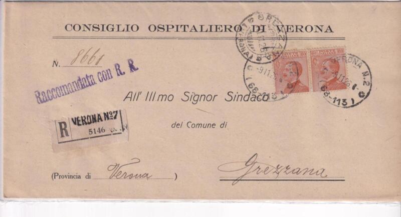 Storia postale. Raccomandata da Verona 7 5146 del 09/11/1926 a Grezzana
