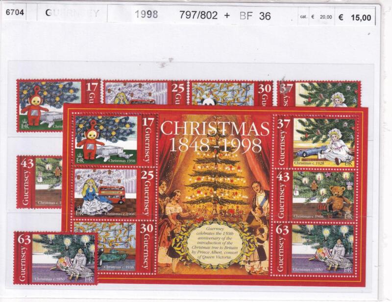 Francobolli e Foglietto Guernsey, Anno 1998, Natale (cat. n. 797-802, BF n. 36)