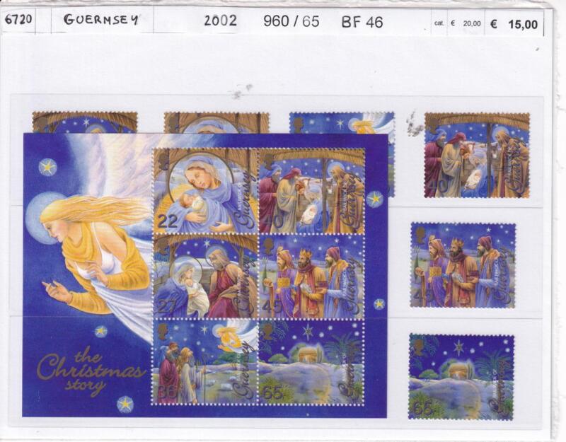 Francobolli e Foglietto Guernsey, Anno 2002, Natale (cat. n. 960-965, BF n. 46)